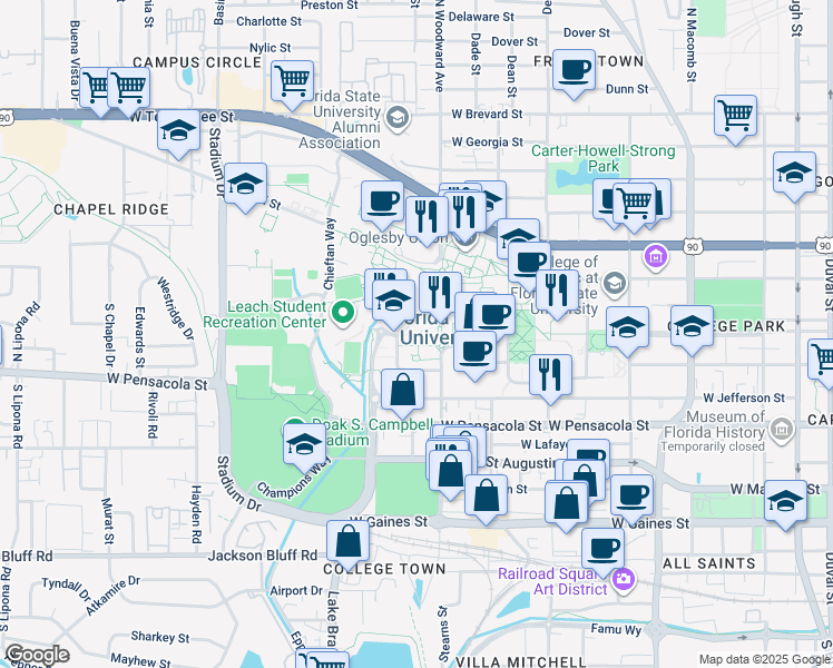 map of restaurants, bars, coffee shops, grocery stores, and more near 960 Learning Way in Tallahassee