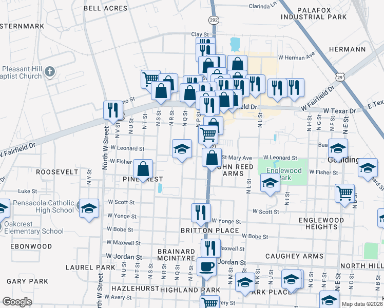 map of restaurants, bars, coffee shops, grocery stores, and more near 2202 Saint Mary Avenue in Pensacola