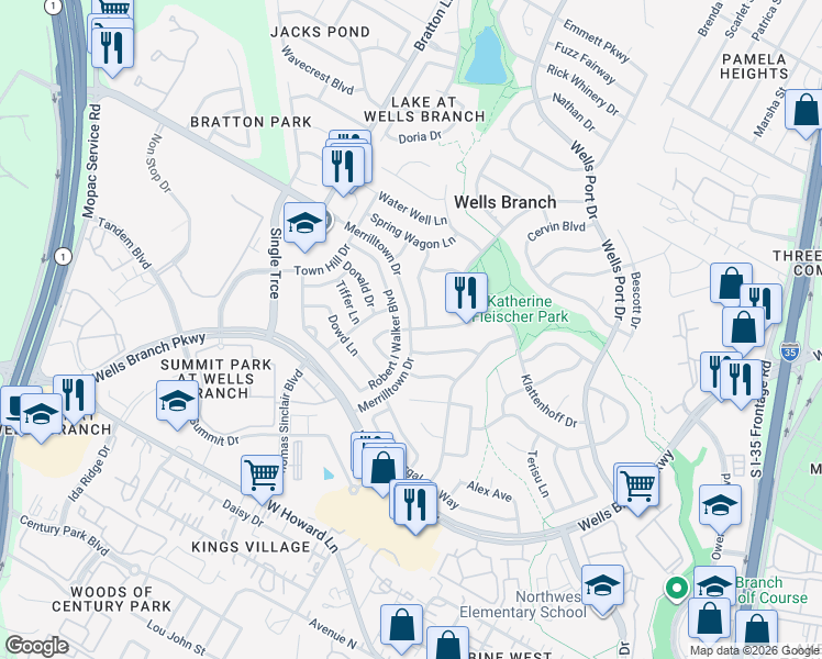 map of restaurants, bars, coffee shops, grocery stores, and more near Merrilltown Dr & Klattenhoff Dr in Wells Branch