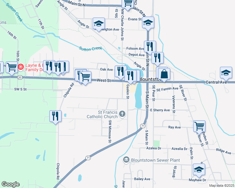 map of restaurants, bars, coffee shops, grocery stores, and more near 20373 W Central Ave in Blountstown