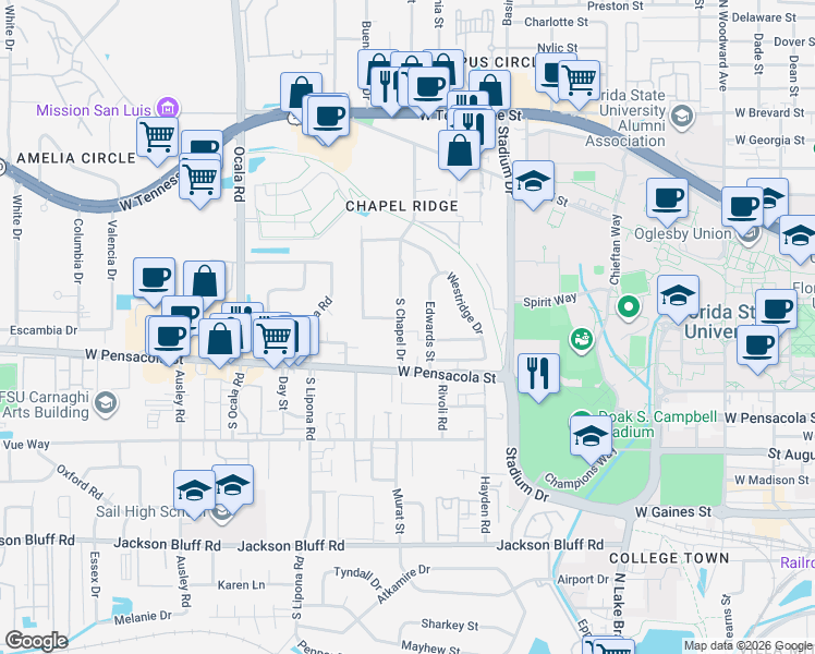 map of restaurants, bars, coffee shops, grocery stores, and more near 117 Chapel Drive in Tallahassee