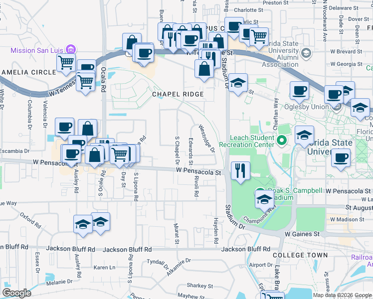 map of restaurants, bars, coffee shops, grocery stores, and more near 117 Chapel Drive in Tallahassee