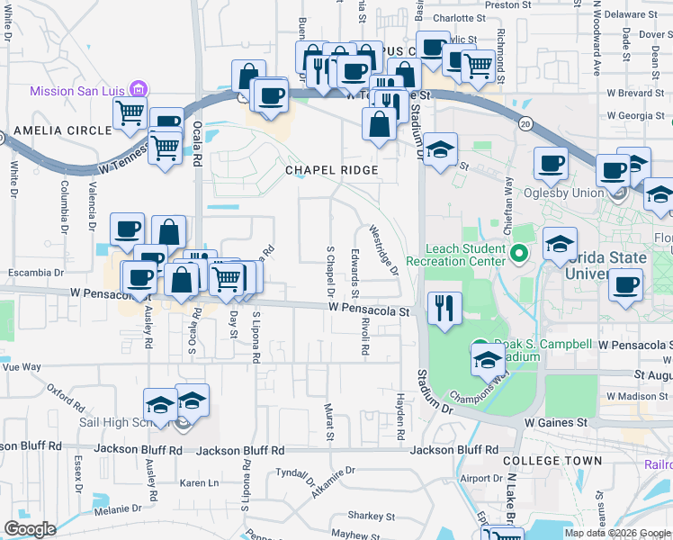 map of restaurants, bars, coffee shops, grocery stores, and more near 117 Chapel Drive in Tallahassee