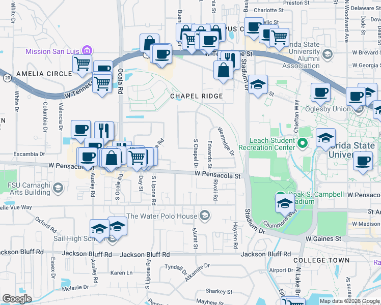 map of restaurants, bars, coffee shops, grocery stores, and more near 1836 Westminster Drive in Tallahassee