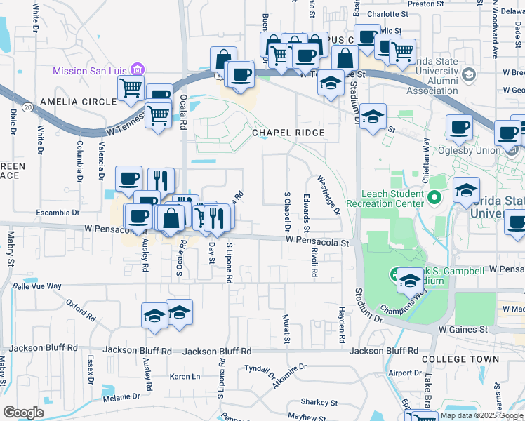 map of restaurants, bars, coffee shops, grocery stores, and more near 1836 Westminster Drive in Tallahassee