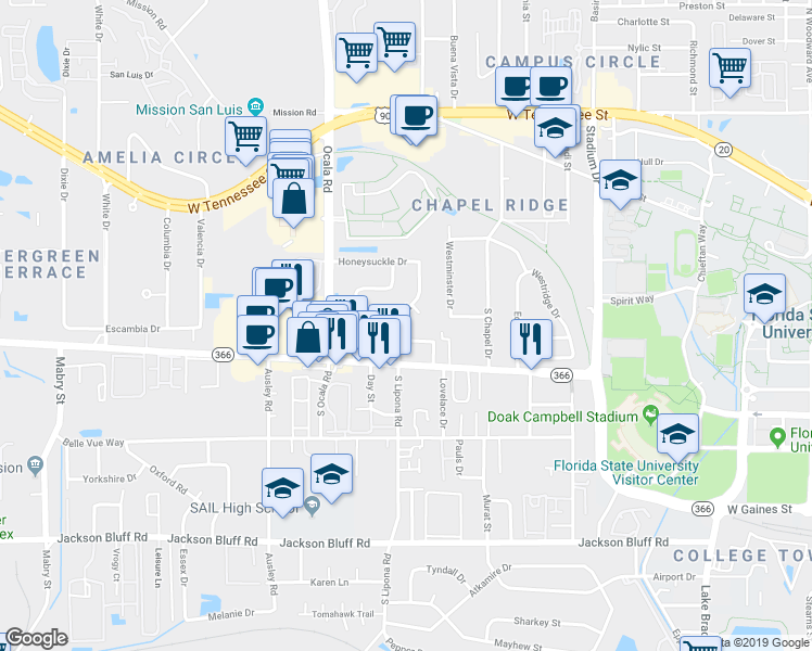 map of restaurants, bars, coffee shops, grocery stores, and more near 211 North Lipona Road in Tallahassee