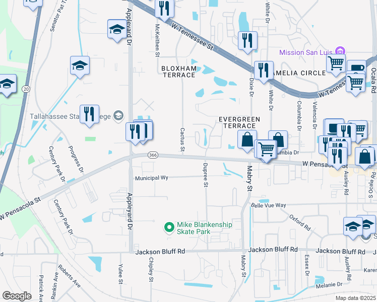 map of restaurants, bars, coffee shops, grocery stores, and more near 105 Cactus Street in Tallahassee