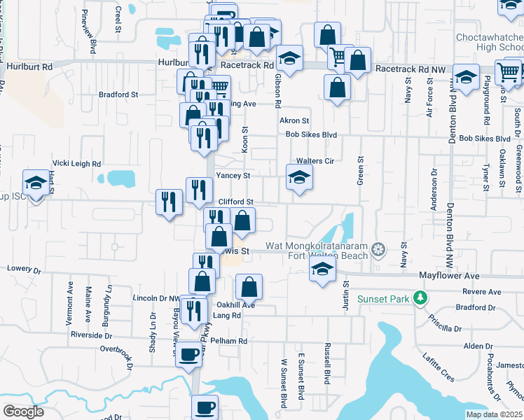map of restaurants, bars, coffee shops, grocery stores, and more near 709 Ferguson Drive in Fort Walton Beach