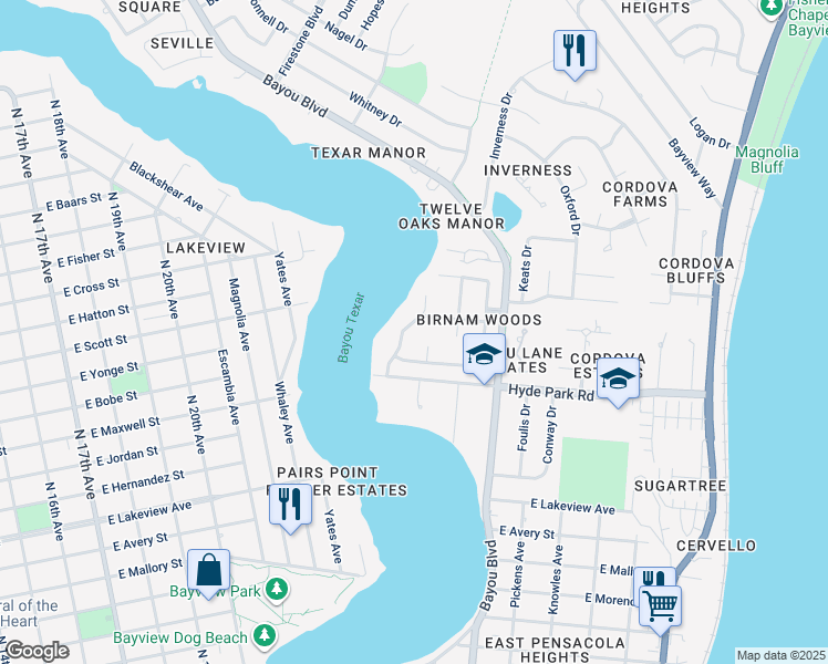 map of restaurants, bars, coffee shops, grocery stores, and more near 2241 Banquos Trail in Pensacola