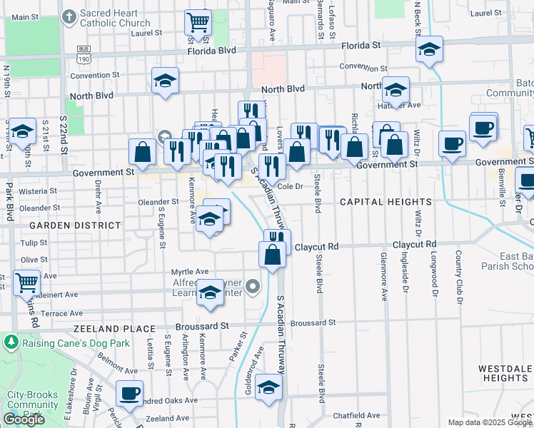 map of restaurants, bars, coffee shops, grocery stores, and more near 625 South Acadian Thruway in Baton Rouge