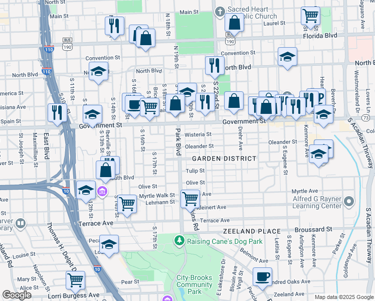 map of restaurants, bars, coffee shops, grocery stores, and more near 1930 Wisteria Street in Baton Rouge