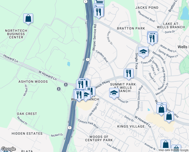 map of restaurants, bars, coffee shops, grocery stores, and more near 14007 North Mopac Expressway in Austin