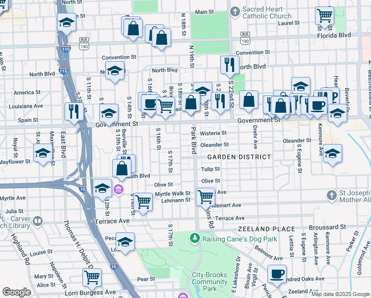 map of restaurants, bars, coffee shops, grocery stores, and more near 1814 Wisteria Street in Baton Rouge