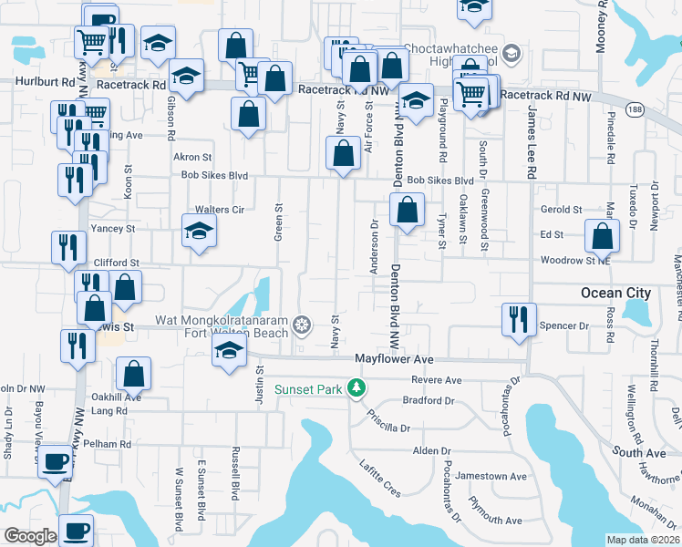 map of restaurants, bars, coffee shops, grocery stores, and more near 2400 Suwanee Lane in Fort Walton Beach