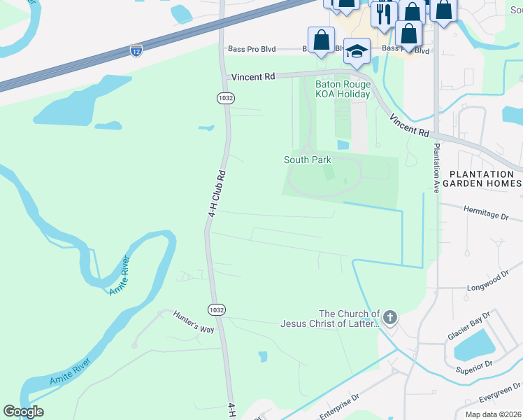 map of restaurants, bars, coffee shops, grocery stores, and more near 25922 Louisiana 1032 in Denham Springs