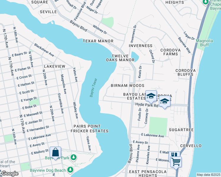 map of restaurants, bars, coffee shops, grocery stores, and more near 2241 Banquos Trail in Pensacola