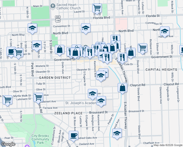 map of restaurants, bars, coffee shops, grocery stores, and more near 733 Arlington Avenue in Baton Rouge