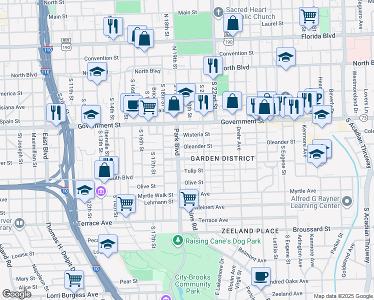 map of restaurants, bars, coffee shops, grocery stores, and more near 1938 Oleander Street in Baton Rouge
