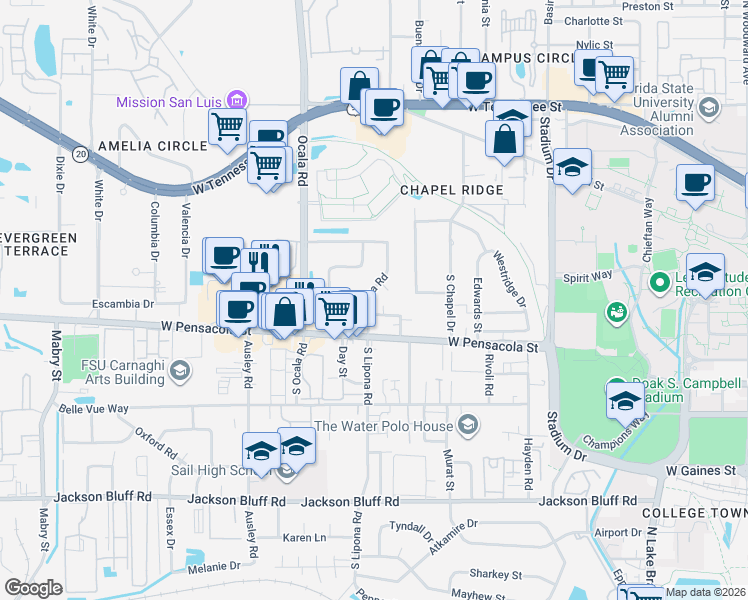 map of restaurants, bars, coffee shops, grocery stores, and more near 211 North Lipona Road in Tallahassee