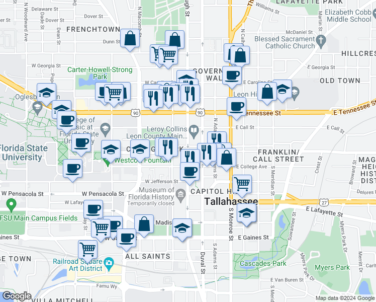 map of restaurants, bars, coffee shops, grocery stores, and more near 1 North Bronough Street in Tallahassee
