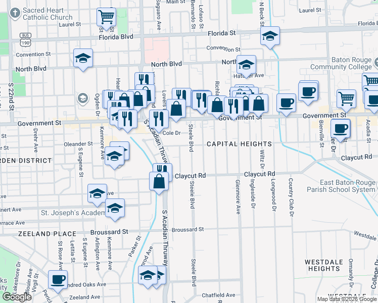 map of restaurants, bars, coffee shops, grocery stores, and more near 3756 Capital Heights Avenue in Baton Rouge
