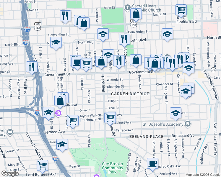 map of restaurants, bars, coffee shops, grocery stores, and more near 1930 Wisteria Street in Baton Rouge