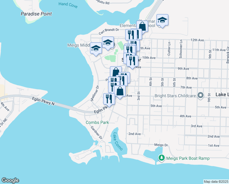 map of restaurants, bars, coffee shops, grocery stores, and more near 1180 Eglin Parkway in Shalimar
