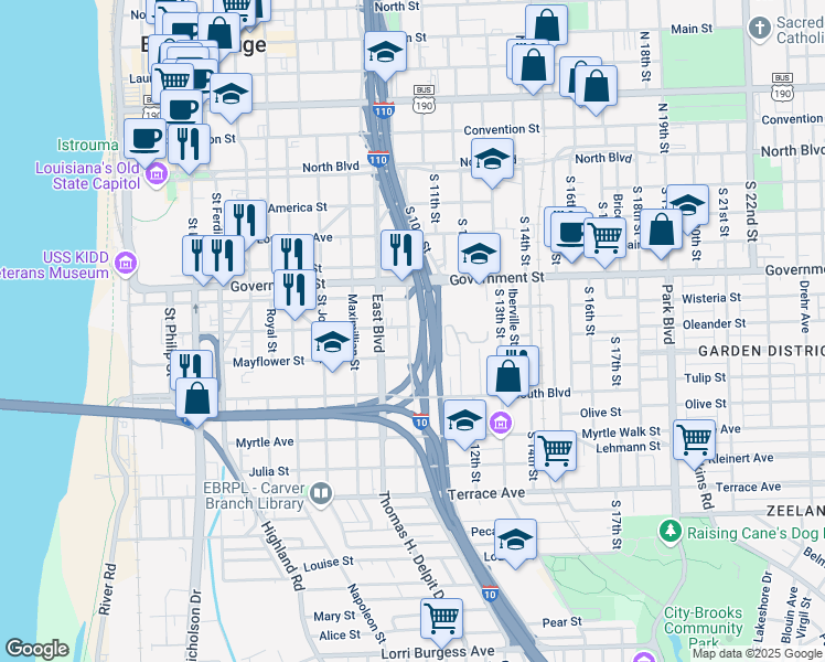 map of restaurants, bars, coffee shops, grocery stores, and more near 1016 Europe Street in Baton Rouge