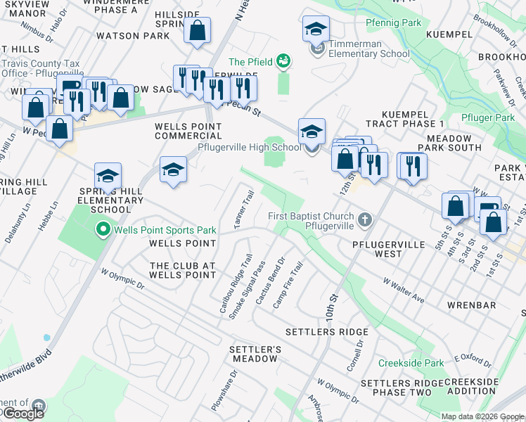 map of restaurants, bars, coffee shops, grocery stores, and more near 501 Spanish Ridge Cove in Pflugerville