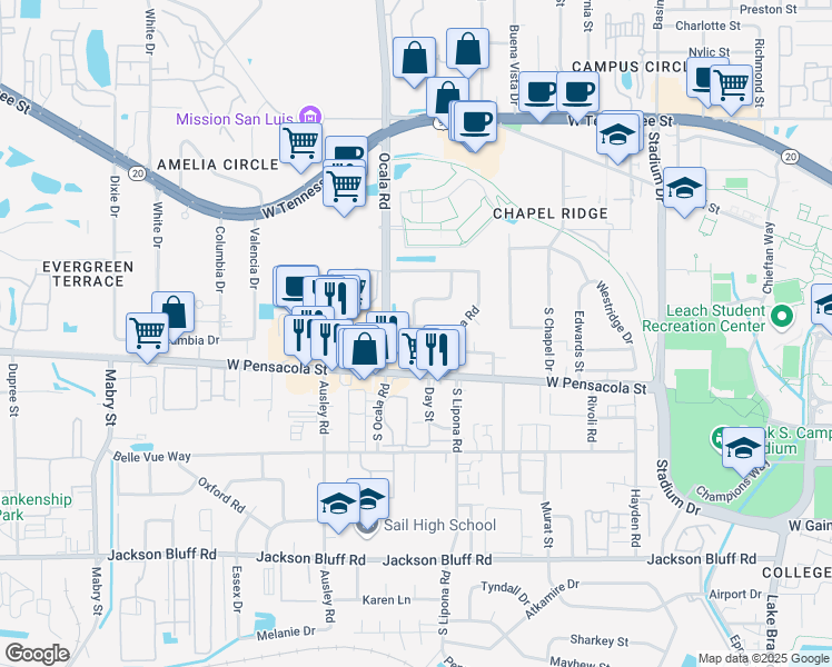 map of restaurants, bars, coffee shops, grocery stores, and more near 2001 Crabapple Drive in Tallahassee