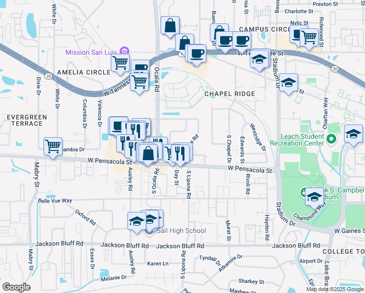 map of restaurants, bars, coffee shops, grocery stores, and more near 1904 Crabapple Drive in Tallahassee