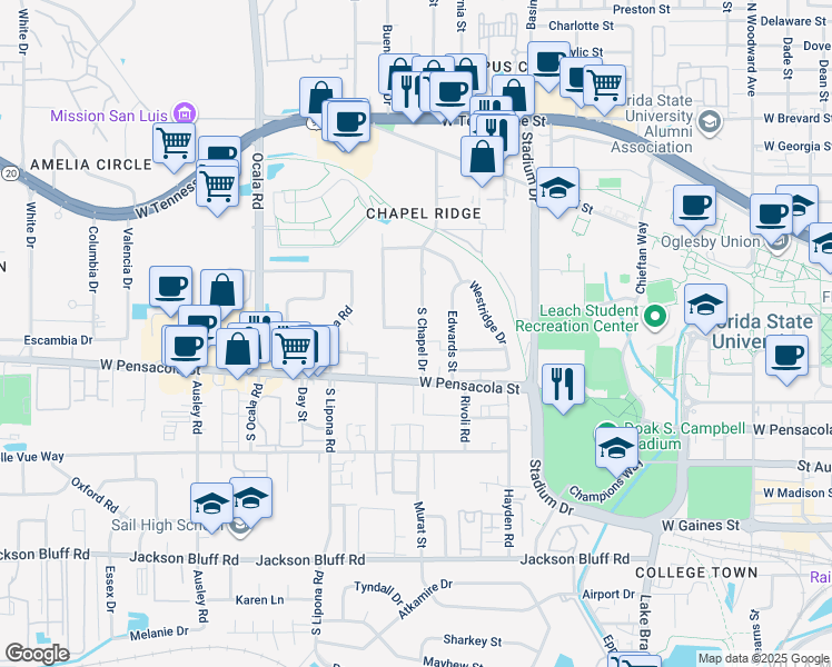 map of restaurants, bars, coffee shops, grocery stores, and more near 117 Chapel Drive in Tallahassee