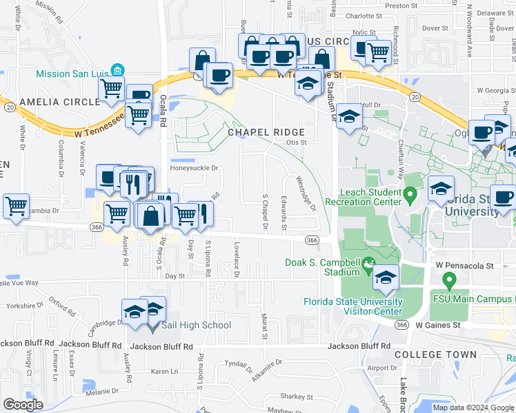 map of restaurants, bars, coffee shops, grocery stores, and more near 1836 Westminster Drive in Tallahassee