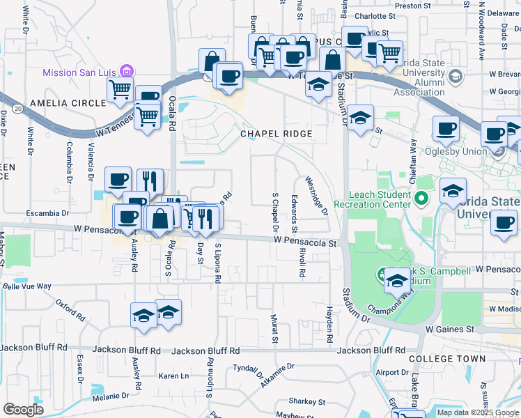 map of restaurants, bars, coffee shops, grocery stores, and more near 1836 Westminster Drive in Tallahassee