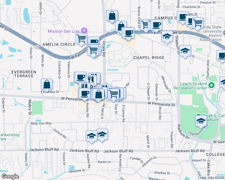 map of restaurants, bars, coffee shops, grocery stores, and more near 2004 Crabapple Drive in Tallahassee