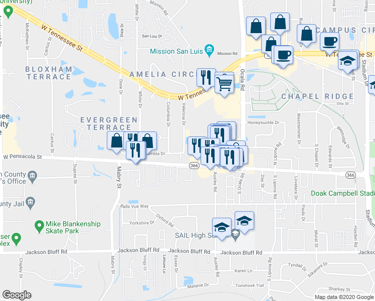 map of restaurants, bars, coffee shops, grocery stores, and more near 120 Valencia Drive in Tallahassee