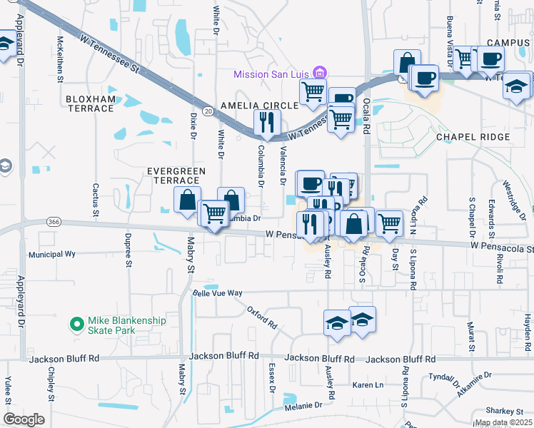 map of restaurants, bars, coffee shops, grocery stores, and more near 120 Valencia Drive in Tallahassee