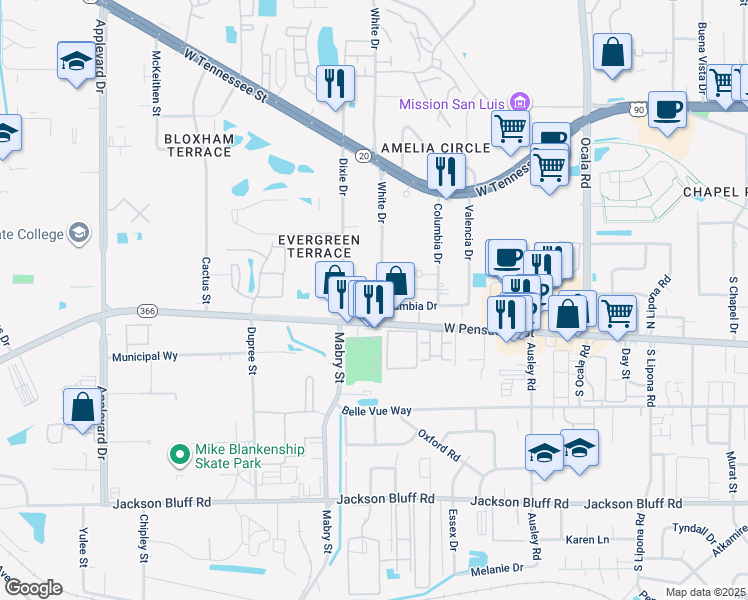 map of restaurants, bars, coffee shops, grocery stores, and more near 120 White Drive in Tallahassee