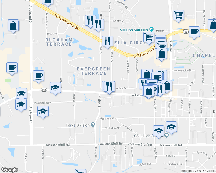 map of restaurants, bars, coffee shops, grocery stores, and more near 120 White Drive in Tallahassee