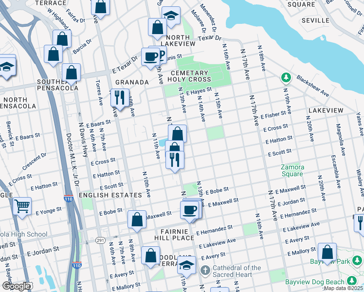 map of restaurants, bars, coffee shops, grocery stores, and more near 1222 East Cross Street in Pensacola