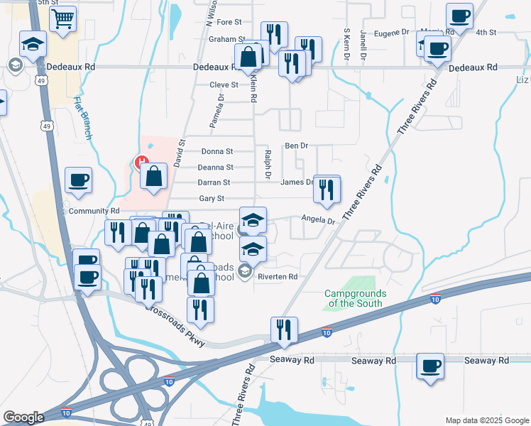 map of restaurants, bars, coffee shops, grocery stores, and more near 11001-11019 Klein Road in Gulfport