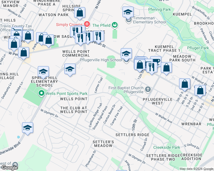 map of restaurants, bars, coffee shops, grocery stores, and more near 501 Spanish Ridge Cove in Pflugerville