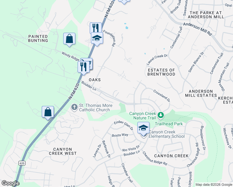 map of restaurants, bars, coffee shops, grocery stores, and more near 11502 Boulder Lane in Austin