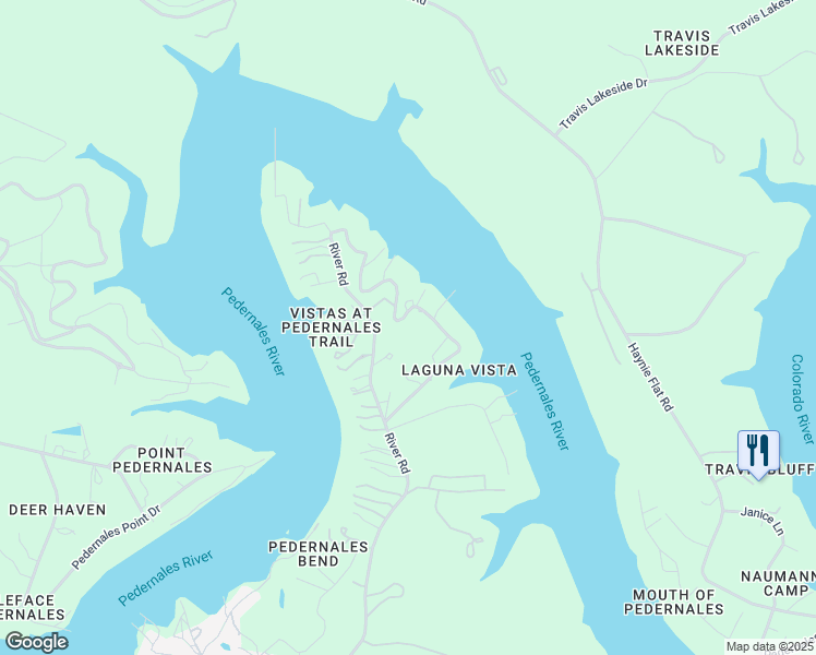 map of restaurants, bars, coffee shops, grocery stores, and more near 25301 River Road in Spicewood