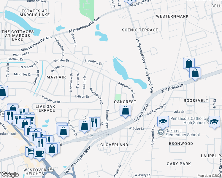 map of restaurants, bars, coffee shops, grocery stores, and more near 226 Emerald Avenue in Pensacola