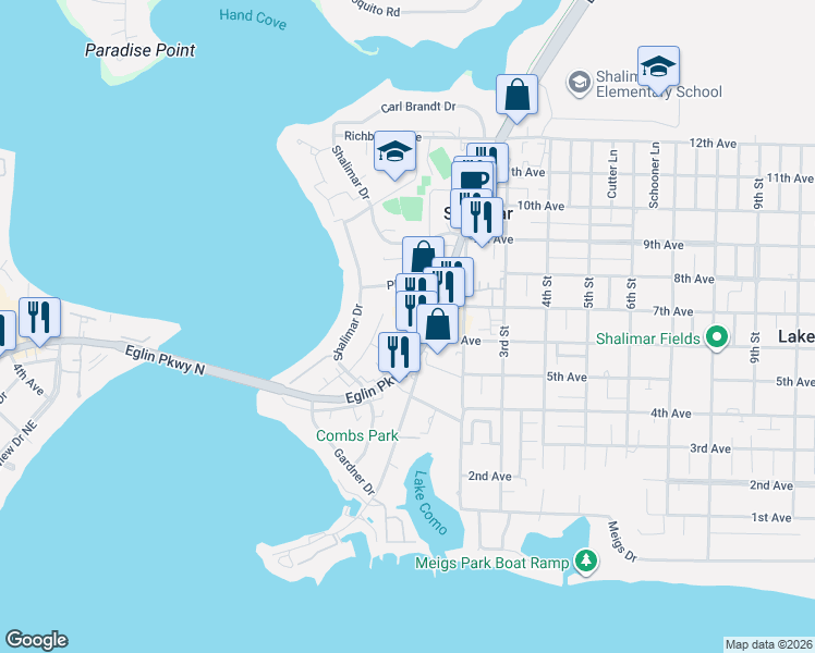 map of restaurants, bars, coffee shops, grocery stores, and more near 1194 Eglin Parkway in Shalimar