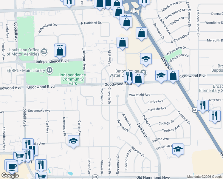 map of restaurants, bars, coffee shops, grocery stores, and more near 8428 Goodwood Boulevard in Baton Rouge