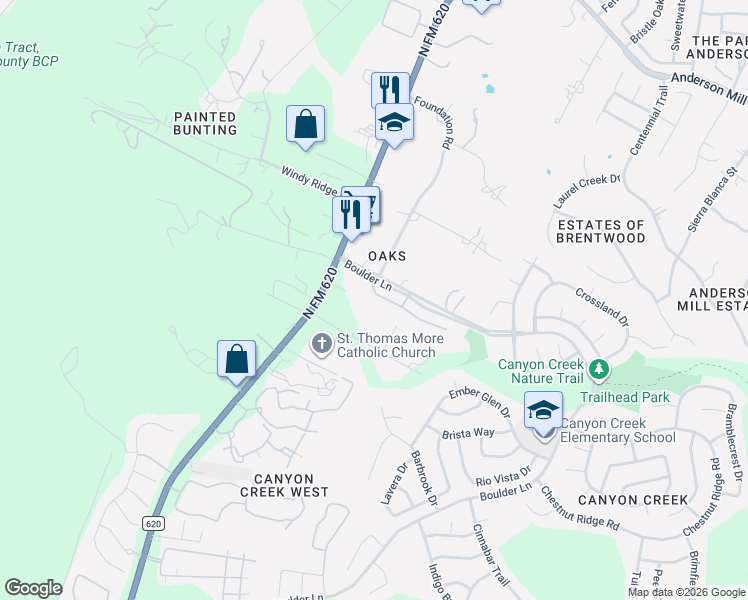 map of restaurants, bars, coffee shops, grocery stores, and more near 11625 Sweet Basil Court in Austin