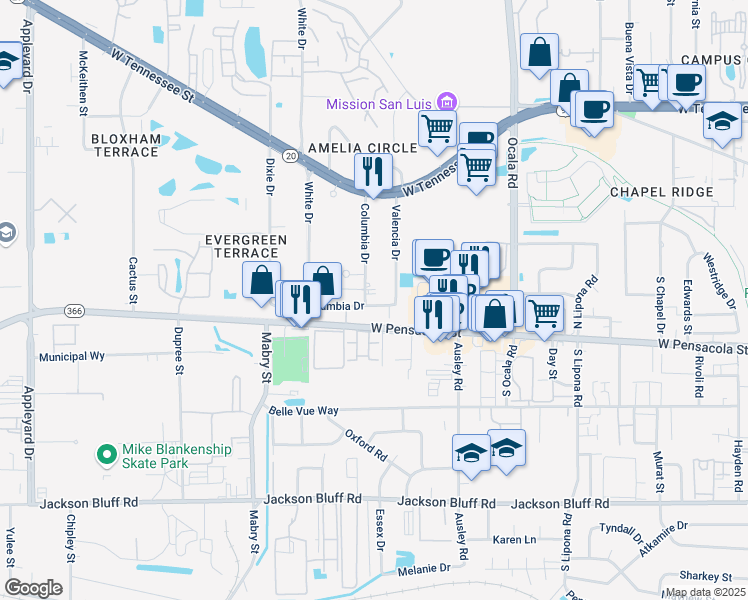 map of restaurants, bars, coffee shops, grocery stores, and more near 120 Valencia Drive in Tallahassee