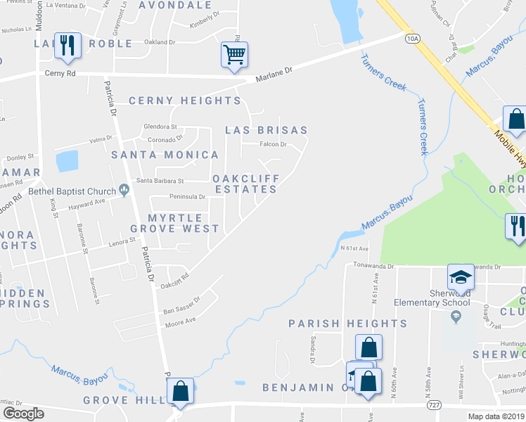 map of restaurants, bars, coffee shops, grocery stores, and more near 6845 Oakcliff Road in Pensacola